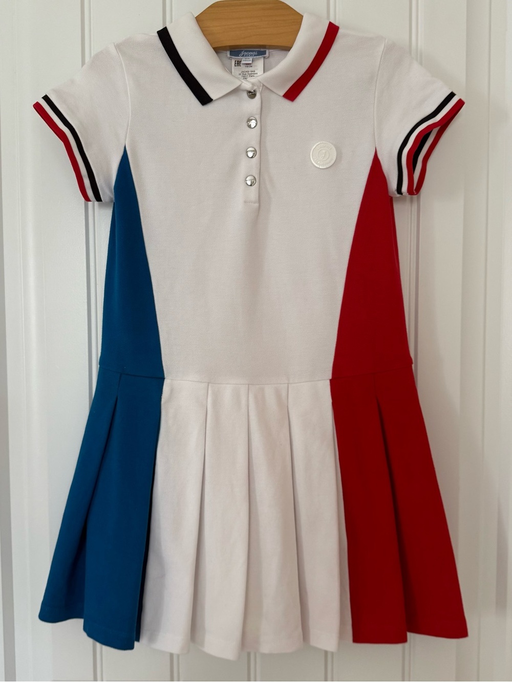 Jacadi Paris Girls Colorblock Polo Dress Size 6A White Red Blue Pleated Preppy